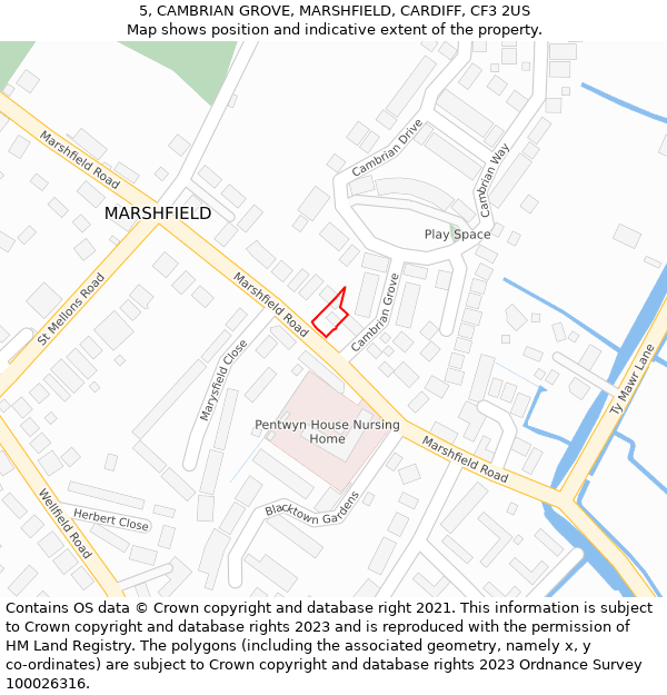 5, CAMBRIAN GROVE, MARSHFIELD, CARDIFF, CF3 2US: Location map and indicative extent of plot