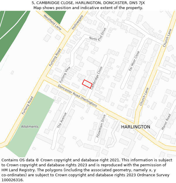 5, CAMBRIDGE CLOSE, HARLINGTON, DONCASTER, DN5 7JX: Location map and indicative extent of plot