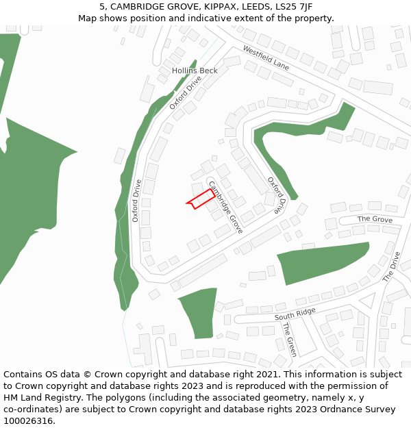 5, CAMBRIDGE GROVE, KIPPAX, LEEDS, LS25 7JF: Location map and indicative extent of plot