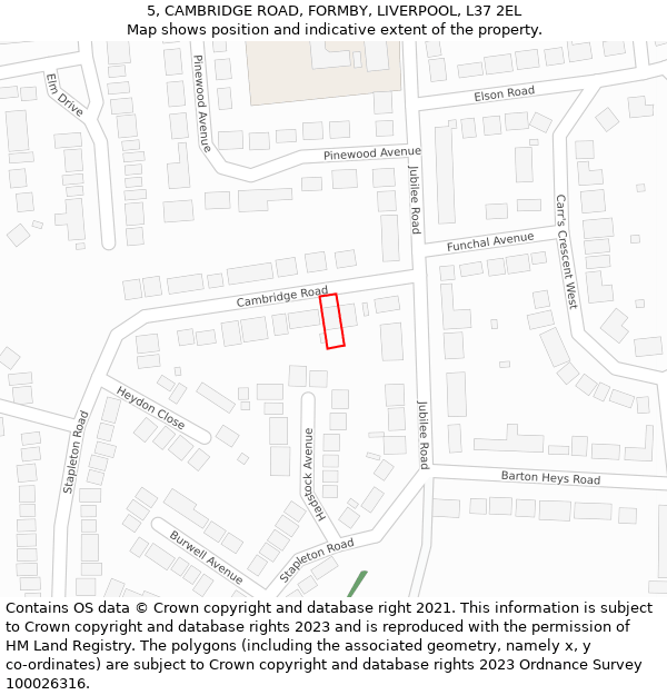 5, CAMBRIDGE ROAD, FORMBY, LIVERPOOL, L37 2EL: Location map and indicative extent of plot