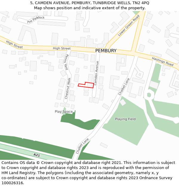 5, CAMDEN AVENUE, PEMBURY, TUNBRIDGE WELLS, TN2 4PQ: Location map and indicative extent of plot