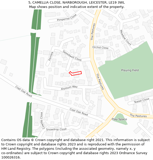 5, CAMELLIA CLOSE, NARBOROUGH, LEICESTER, LE19 3WL: Location map and indicative extent of plot