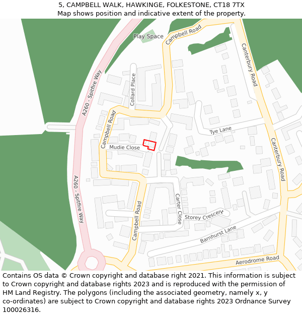 5, CAMPBELL WALK, HAWKINGE, FOLKESTONE, CT18 7TX: Location map and indicative extent of plot