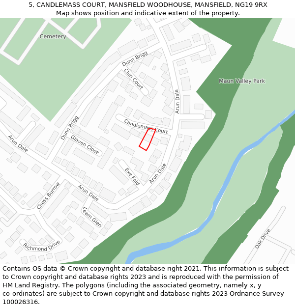 5, CANDLEMASS COURT, MANSFIELD WOODHOUSE, MANSFIELD, NG19 9RX: Location map and indicative extent of plot
