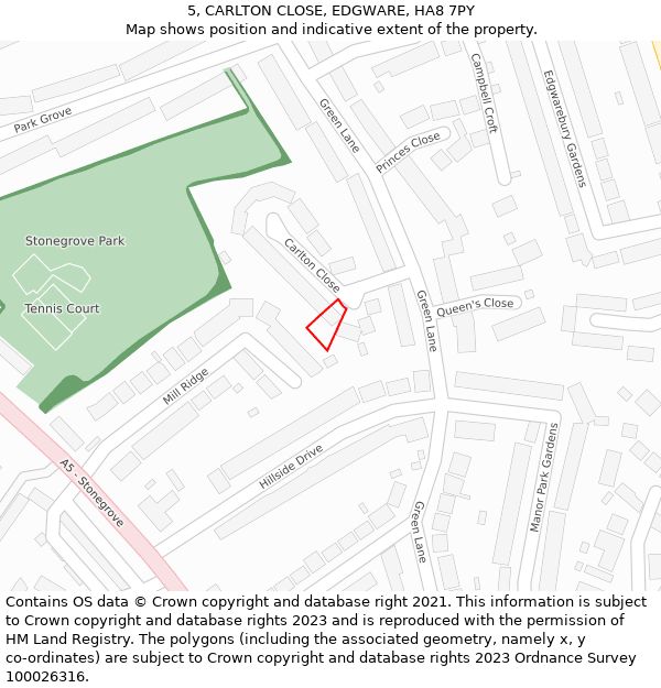 5, CARLTON CLOSE, EDGWARE, HA8 7PY: Location map and indicative extent of plot