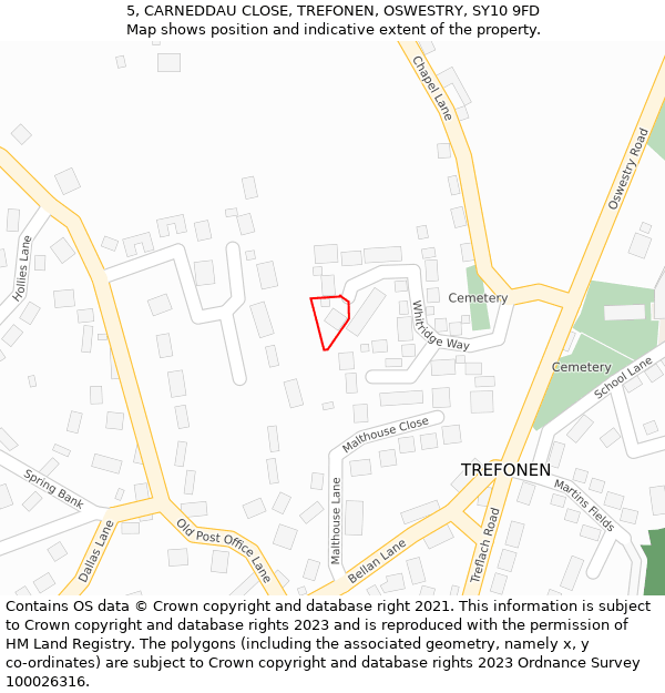 5, CARNEDDAU CLOSE, TREFONEN, OSWESTRY, SY10 9FD: Location map and indicative extent of plot