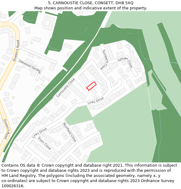 5, CARNOUSTIE CLOSE, CONSETT, DH8 5XQ: Location map and indicative extent of plot