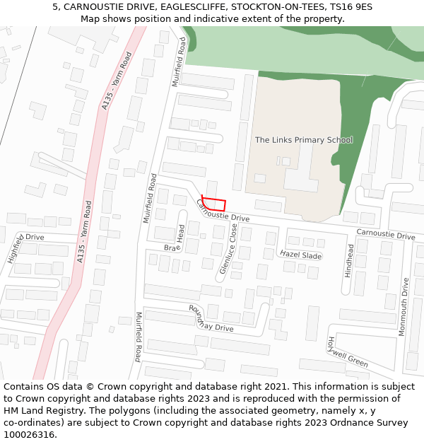 5, CARNOUSTIE DRIVE, EAGLESCLIFFE, STOCKTON-ON-TEES, TS16 9ES: Location map and indicative extent of plot