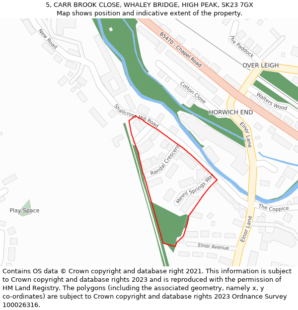 5, CARR BROOK CLOSE, WHALEY BRIDGE, HIGH PEAK, SK23 7GX: Location map and indicative extent of plot