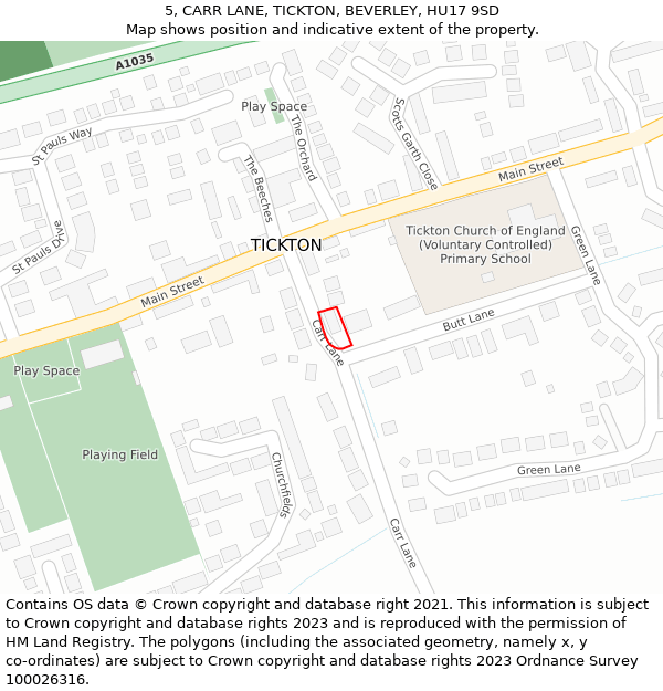 5, CARR LANE, TICKTON, BEVERLEY, HU17 9SD: Location map and indicative extent of plot