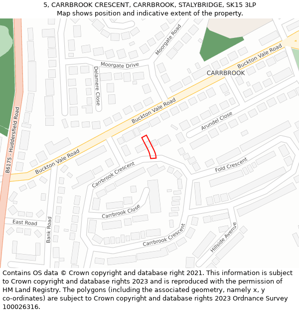 5, CARRBROOK CRESCENT, CARRBROOK, STALYBRIDGE, SK15 3LP: Location map and indicative extent of plot