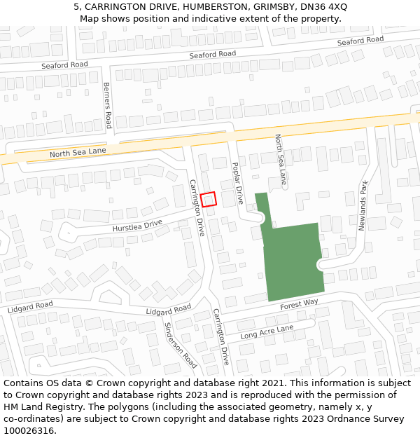 5, CARRINGTON DRIVE, HUMBERSTON, GRIMSBY, DN36 4XQ: Location map and indicative extent of plot