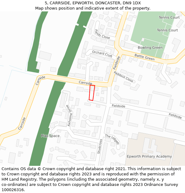 5, CARRSIDE, EPWORTH, DONCASTER, DN9 1DX: Location map and indicative extent of plot