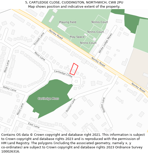 5, CARTLEDGE CLOSE, CUDDINGTON, NORTHWICH, CW8 2PU: Location map and indicative extent of plot