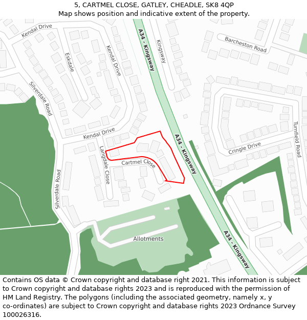 5, CARTMEL CLOSE, GATLEY, CHEADLE, SK8 4QP: Location map and indicative extent of plot