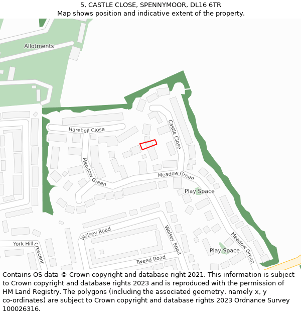 5, CASTLE CLOSE, SPENNYMOOR, DL16 6TR: Location map and indicative extent of plot