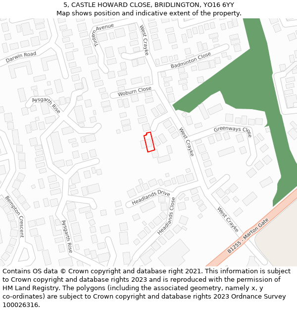 5, CASTLE HOWARD CLOSE, BRIDLINGTON, YO16 6YY: Location map and indicative extent of plot