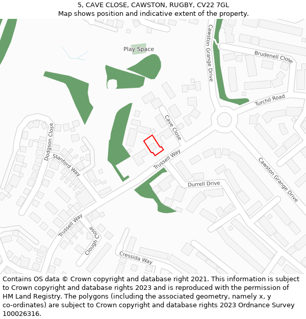 5, CAVE CLOSE, CAWSTON, RUGBY, CV22 7GL: Location map and indicative extent of plot