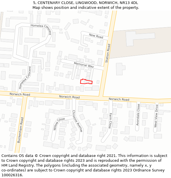 5, CENTENARY CLOSE, LINGWOOD, NORWICH, NR13 4DL: Location map and indicative extent of plot