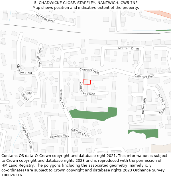 5, CHADWICKE CLOSE, STAPELEY, NANTWICH, CW5 7NF: Location map and indicative extent of plot