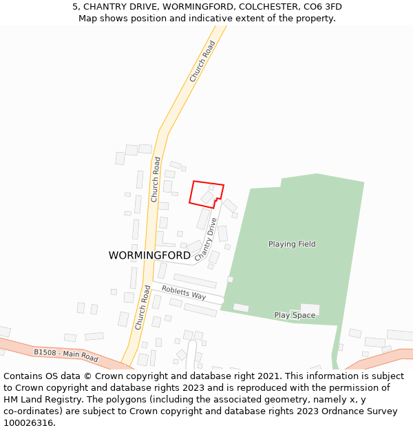 5, CHANTRY DRIVE, WORMINGFORD, COLCHESTER, CO6 3FD: Location map and indicative extent of plot