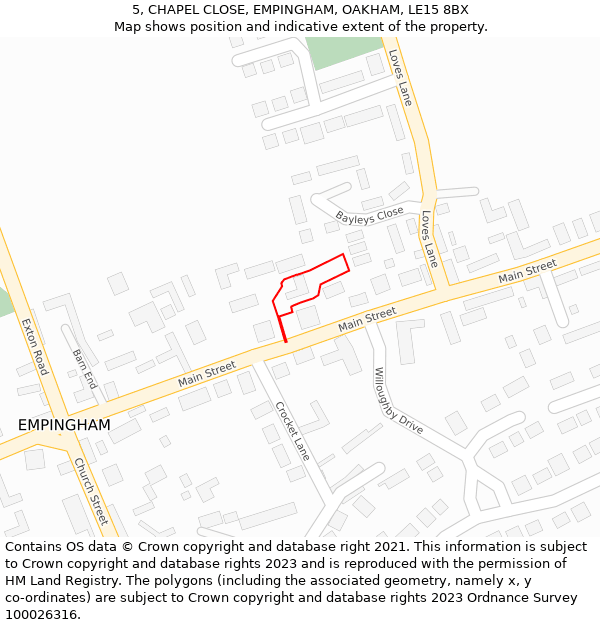 5, CHAPEL CLOSE, EMPINGHAM, OAKHAM, LE15 8BX: Location map and indicative extent of plot