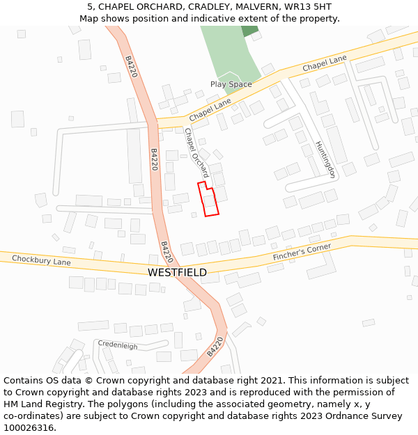 5, CHAPEL ORCHARD, CRADLEY, MALVERN, WR13 5HT: Location map and indicative extent of plot