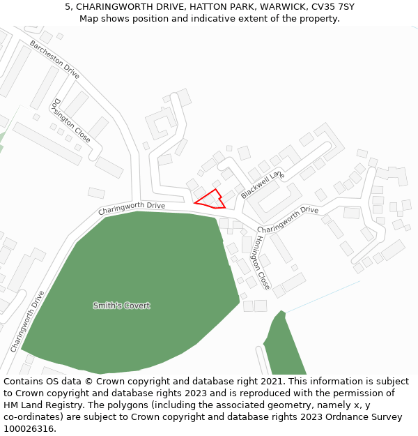 5, CHARINGWORTH DRIVE, HATTON PARK, WARWICK, CV35 7SY: Location map and indicative extent of plot