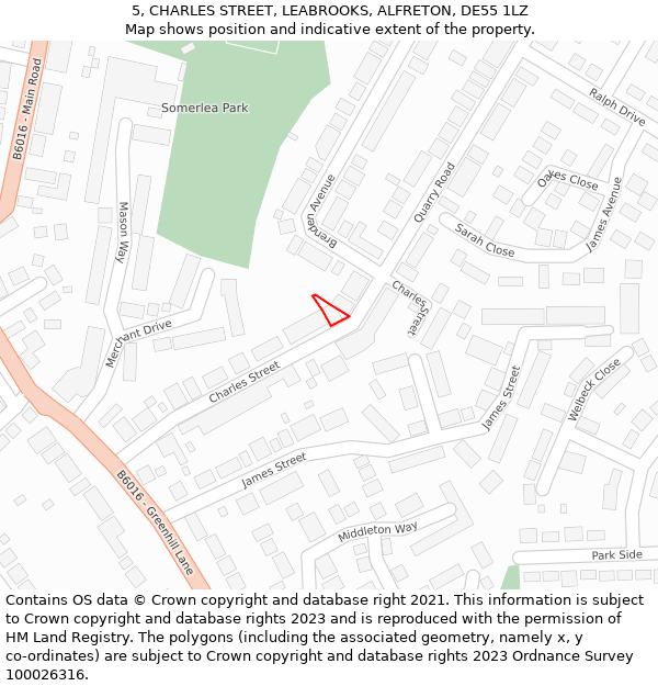 5, CHARLES STREET, LEABROOKS, ALFRETON, DE55 1LZ: Location map and indicative extent of plot