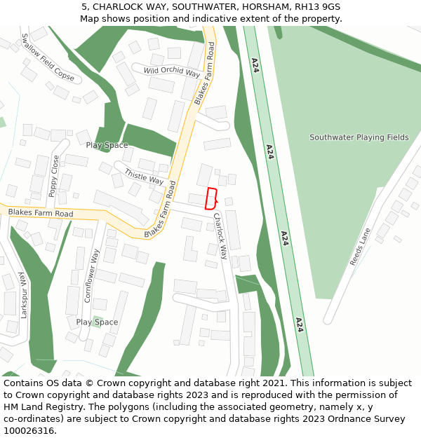 5, CHARLOCK WAY, SOUTHWATER, HORSHAM, RH13 9GS: Location map and indicative extent of plot