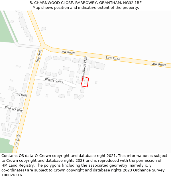5, CHARNWOOD CLOSE, BARROWBY, GRANTHAM, NG32 1BE: Location map and indicative extent of plot