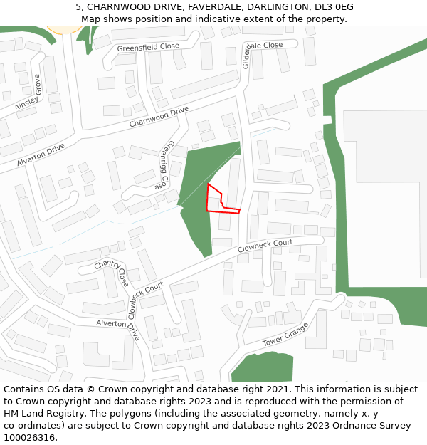 5, CHARNWOOD DRIVE, FAVERDALE, DARLINGTON, DL3 0EG: Location map and indicative extent of plot