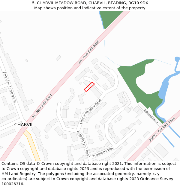 5, CHARVIL MEADOW ROAD, CHARVIL, READING, RG10 9DX: Location map and indicative extent of plot