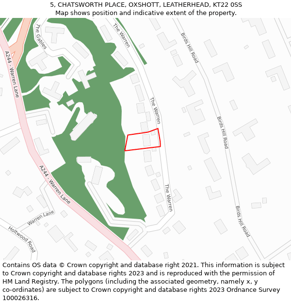 5, CHATSWORTH PLACE, OXSHOTT, LEATHERHEAD, KT22 0SS: Location map and indicative extent of plot