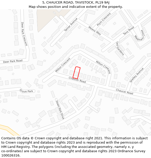 5, CHAUCER ROAD, TAVISTOCK, PL19 9AJ: Location map and indicative extent of plot