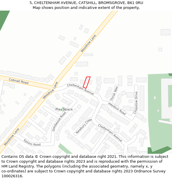 5, CHELTENHAM AVENUE, CATSHILL, BROMSGROVE, B61 0RU: Location map and indicative extent of plot