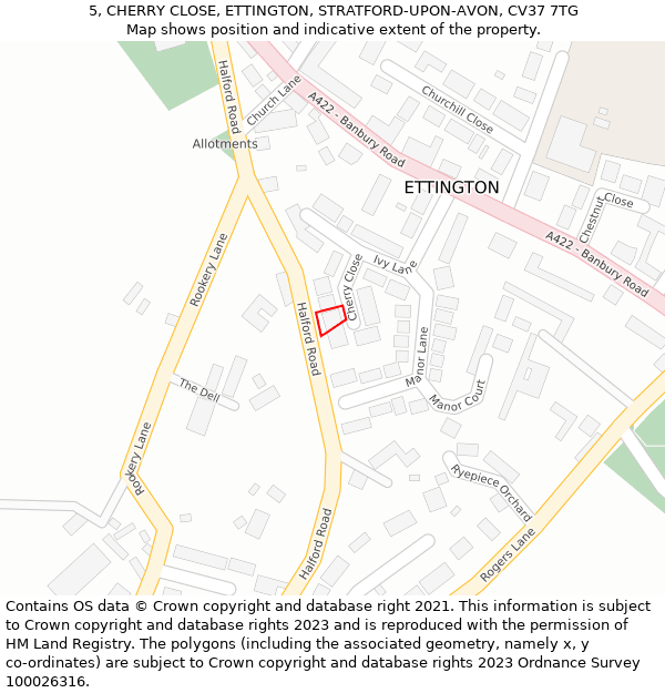 5, CHERRY CLOSE, ETTINGTON, STRATFORD-UPON-AVON, CV37 7TG: Location map and indicative extent of plot