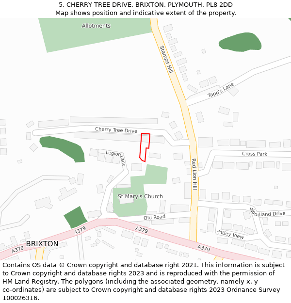 5, CHERRY TREE DRIVE, BRIXTON, PLYMOUTH, PL8 2DD: Location map and indicative extent of plot