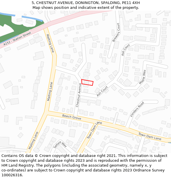 5, CHESTNUT AVENUE, DONINGTON, SPALDING, PE11 4XH: Location map and indicative extent of plot