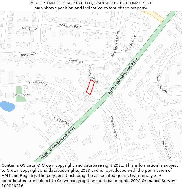 5, CHESTNUT CLOSE, SCOTTER, GAINSBOROUGH, DN21 3UW: Location map and indicative extent of plot