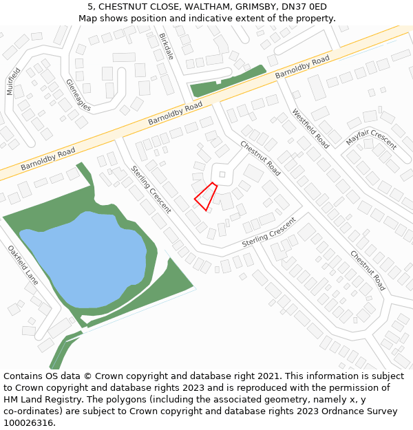 5, CHESTNUT CLOSE, WALTHAM, GRIMSBY, DN37 0ED: Location map and indicative extent of plot