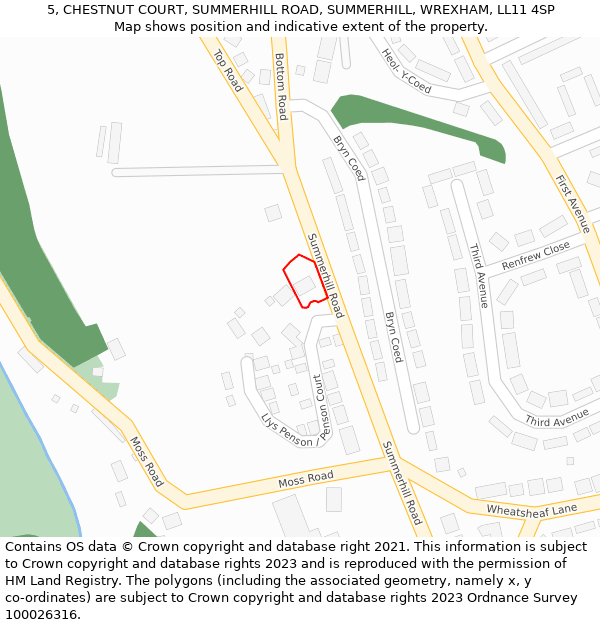 5, CHESTNUT COURT, SUMMERHILL ROAD, SUMMERHILL, WREXHAM, LL11 4SP: Location map and indicative extent of plot
