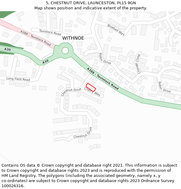 5, CHESTNUT DRIVE, LAUNCESTON, PL15 9GN: Location map and indicative extent of plot