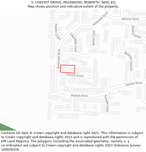 5, CHEVIOT GROVE, PEGSWOOD, MORPETH, NE61 6YJ: Location map and indicative extent of plot