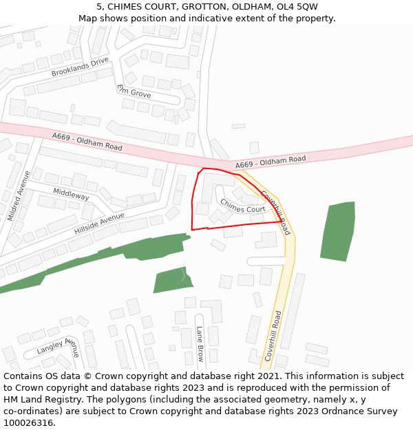 5, CHIMES COURT, GROTTON, OLDHAM, OL4 5QW: Location map and indicative extent of plot