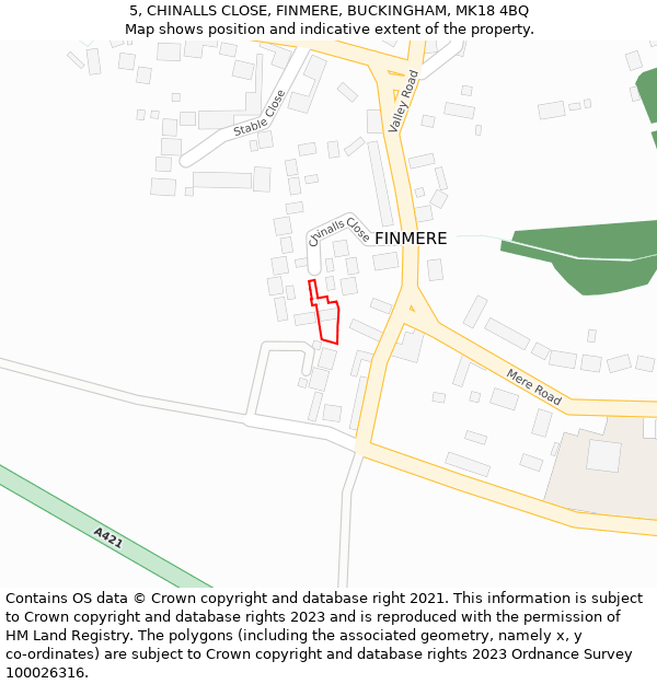 5, CHINALLS CLOSE, FINMERE, BUCKINGHAM, MK18 4BQ: Location map and indicative extent of plot