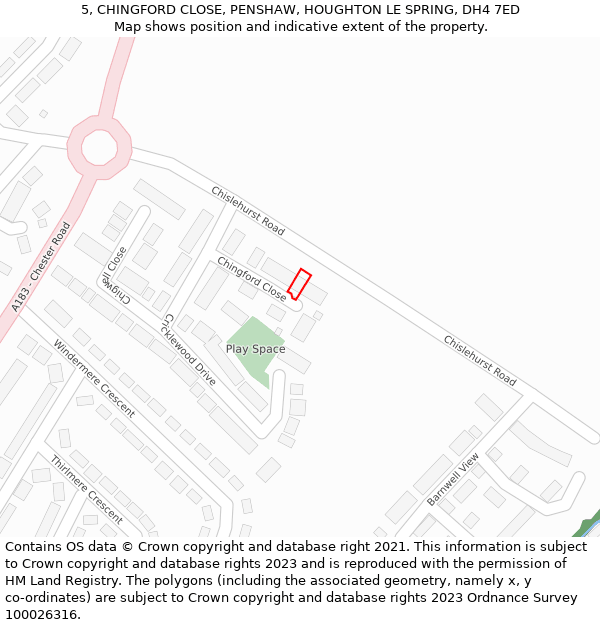 5, CHINGFORD CLOSE, PENSHAW, HOUGHTON LE SPRING, DH4 7ED: Location map and indicative extent of plot