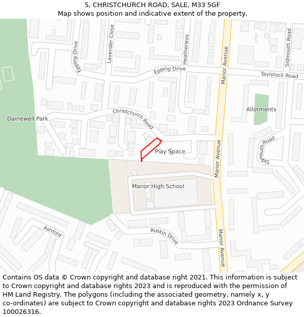 5, CHRISTCHURCH ROAD, SALE, M33 5GF: Location map and indicative extent of plot