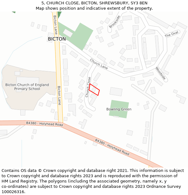 5, CHURCH CLOSE, BICTON, SHREWSBURY, SY3 8EN: Location map and indicative extent of plot