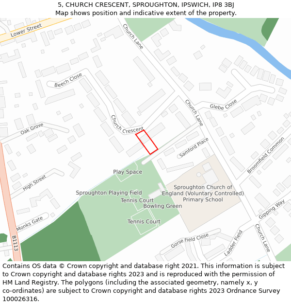 5, CHURCH CRESCENT, SPROUGHTON, IPSWICH, IP8 3BJ: Location map and indicative extent of plot